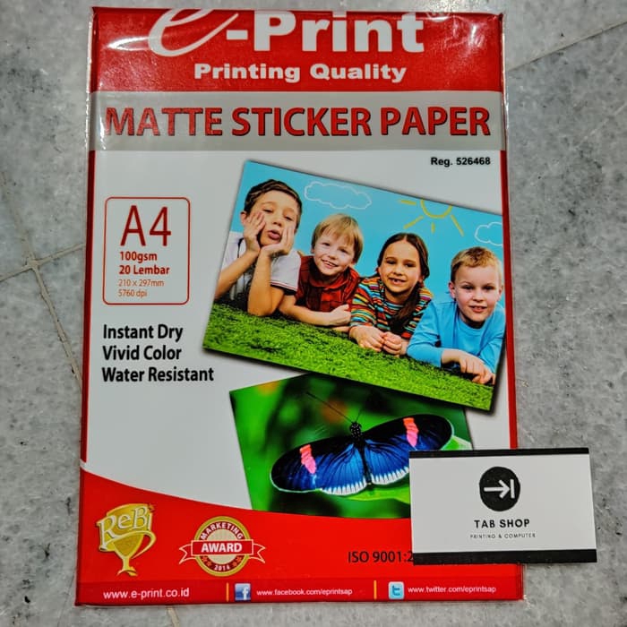 

TAB SHOP - EPRINT KERTAS STIKER DOFF A4 100 GSM - E-PRINT MATTE STICKER PAPER A4 100 GSM 20 SHEETS