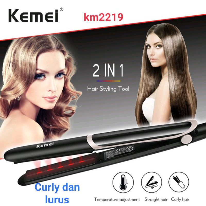 Alat Mesin Catok Rambut Km2219 Catokan Lurus dan Keriting Curly 2in1