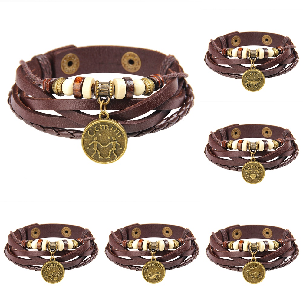 Hu Hu Hu Hu Hu Alat Bantu Pasang Kacamata♡ Gelang Tangan Kulit Imitasi Banyak Lapis Aksen Koin Motif Zodiak Retro Untuk Unisexpriawanita