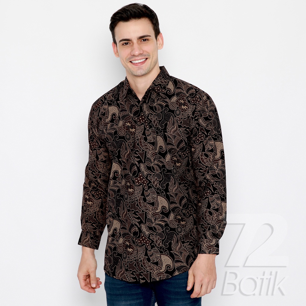 BATIK COUPLE MODERN  Kemeja Rok Lilit Instan Pria Lengan Panjang Slimfit Premium Elegant Coklat Hitam 721508 Cap 72 - Baju Kemeja Atasan Pakaian Batik Couple Cople Pria Cowok Laki Laki Remaja Keluarga Lengan Panjang Modern Slimfit Premium Kekinian