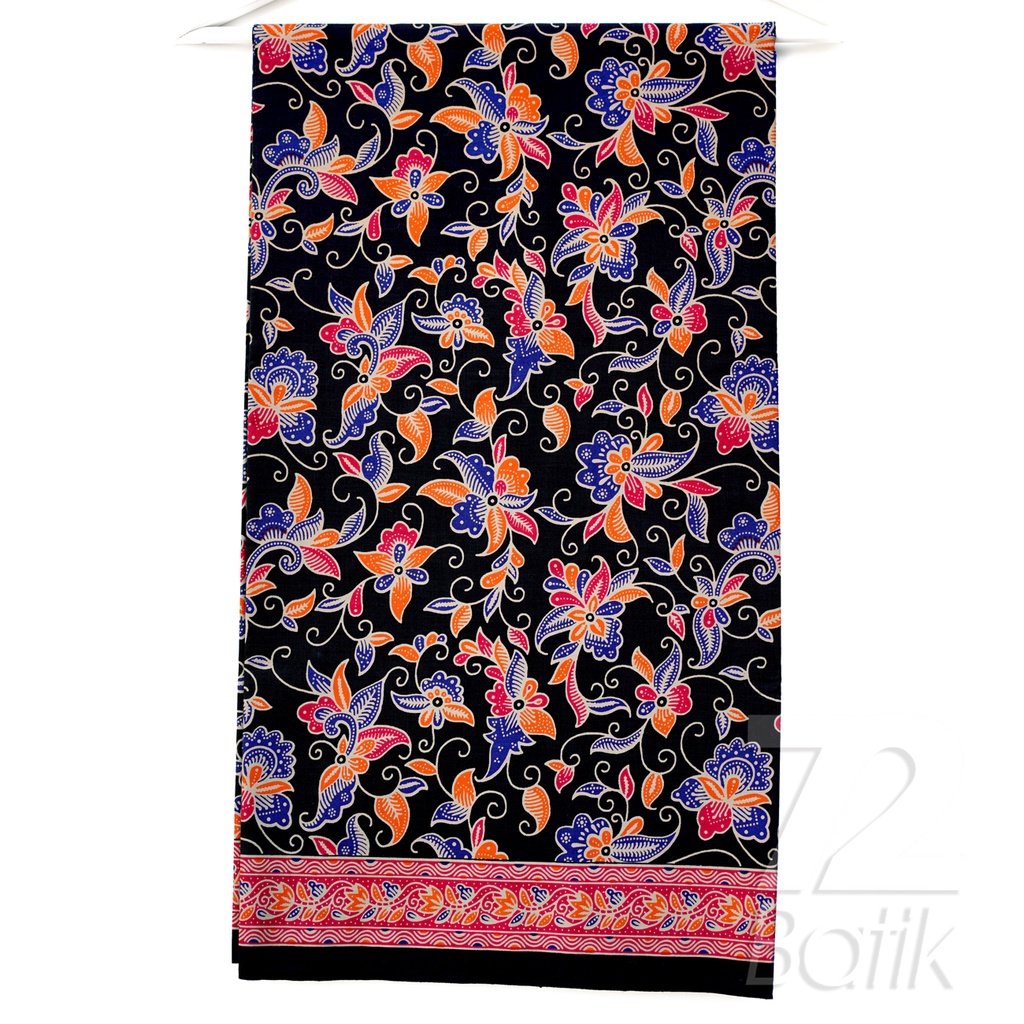 KAIN BATIK PREMIUM Bahan Katun Motif Kembang Warna Hitam Oranye Orange Merah 727335 Cap 72 Jarik Jarit Samping Kebat Panjang Batik Katun Modern Premium Bahan Seragam Batik Pernikahan Kantor Keluarga Murah Kamen Jadi Batik Bali Lembaran