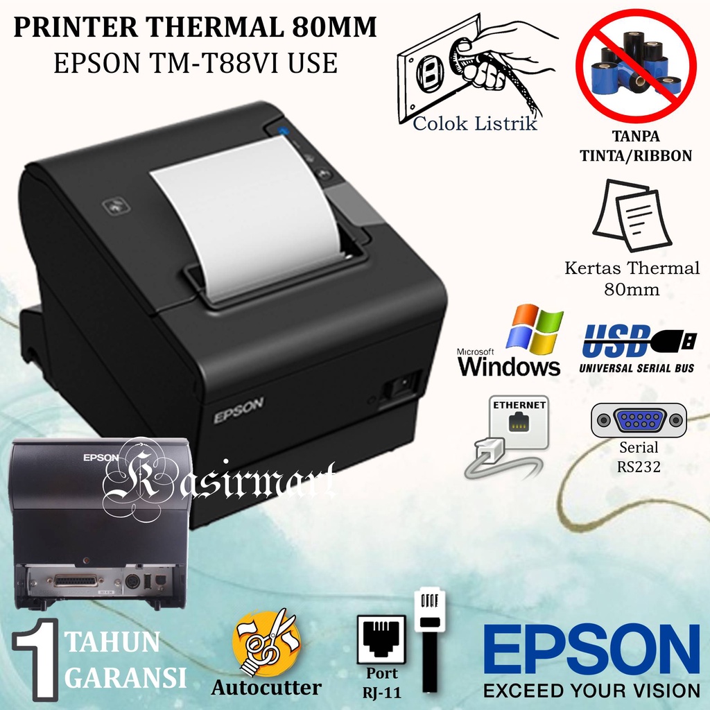 Printer POS Kasir Thermal 80mm Epson TM-T88VI USE Auto Cutter USB Serial (RS232) Ethernet (LAN) Support RJ11 TMT88VI TMT 88VI