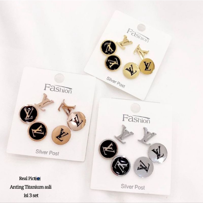 Anting Titanium Asli Set isi 3 pasang anting Anti karat anti alergi Premium Quality Stainless steel ori Premium 772