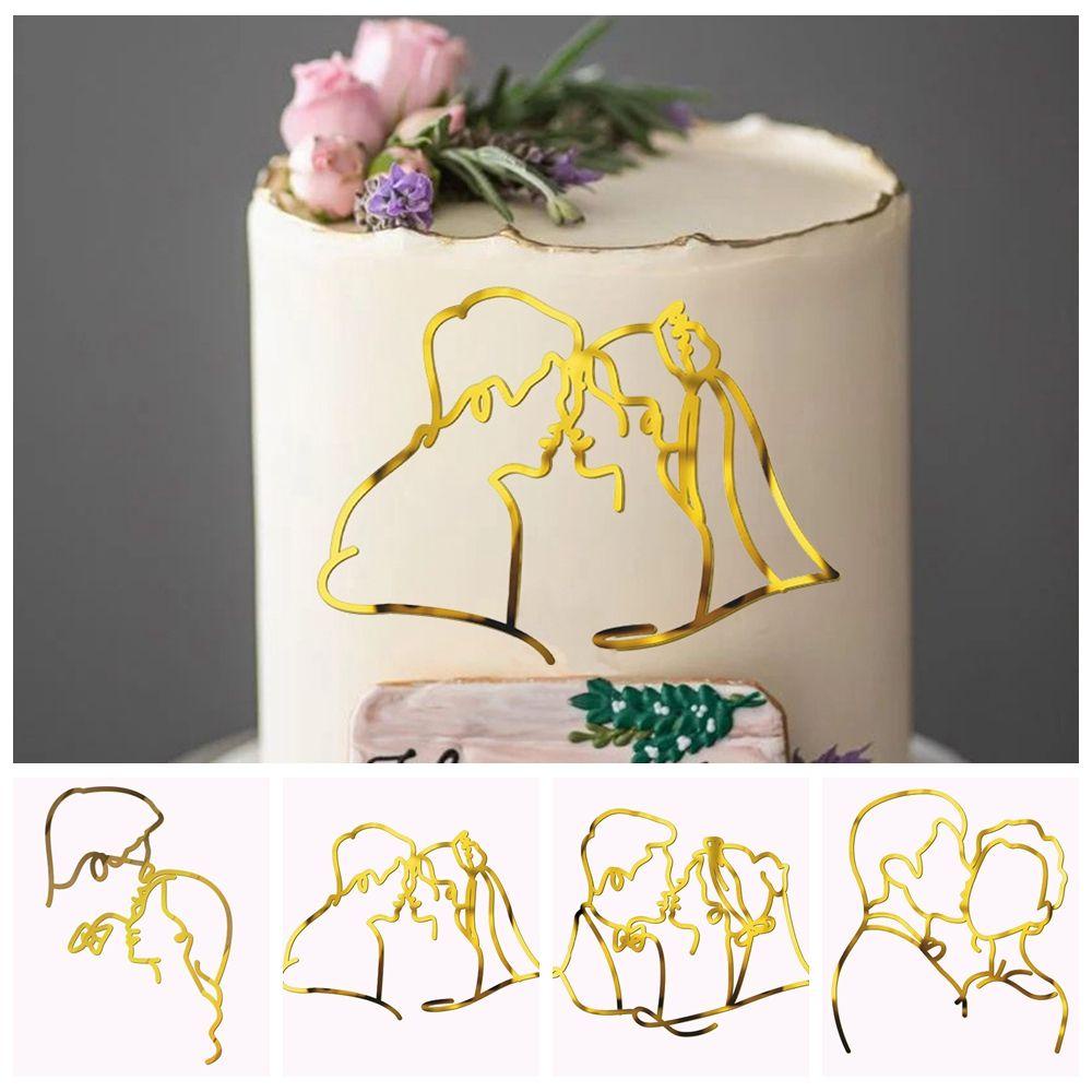 Preva Cake Toppers Gold Acrylic Perlengkapan Pernikahan Hari Valentine Garis Minimalis