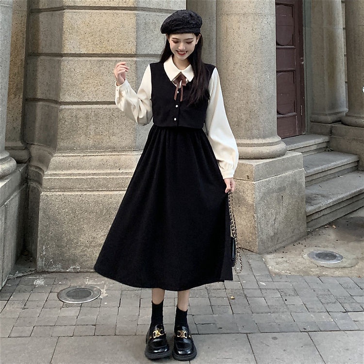 (Ready)Korean Fake Two-piece Long Sleeve Dress French Retro