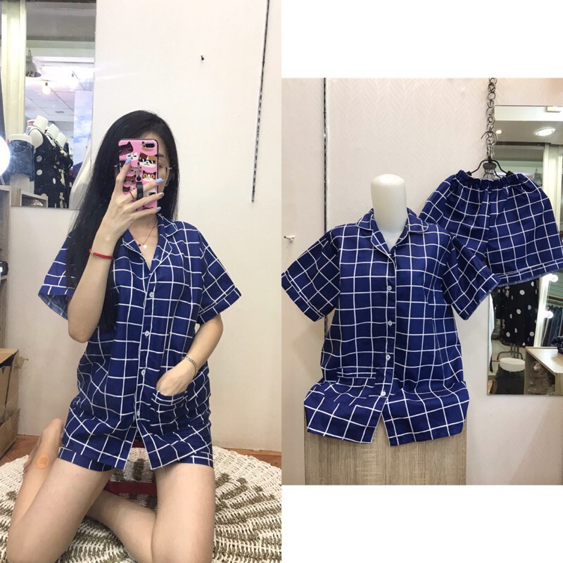 piyama/pajamas kotak&quot; HP katun navy murah.homewear/sleepwear/bajutidur cwe PP tartan biru kekinian