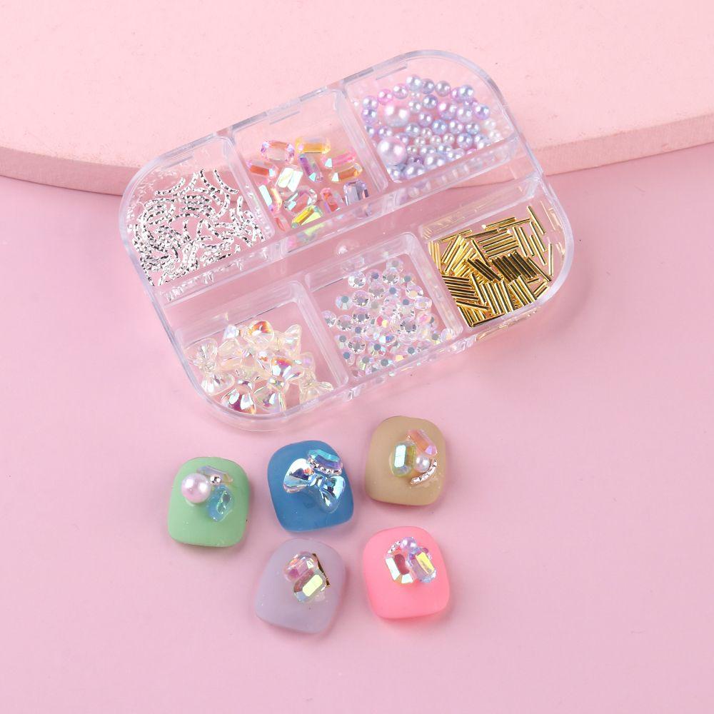 AUGUSTINA Agustin 3D Pesona Kuku Gaya Jepang Lucu Manicure Dekorasi Kuku Set Busur Persegi Berlian Campuran Nail Art Perhiasan