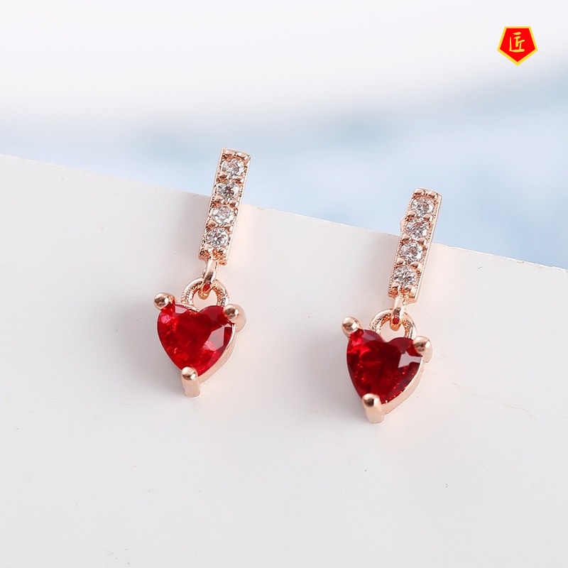 [Ready Stock]New Colored Gems Garnet Rose Gold Heart Shaped Stud Earrings