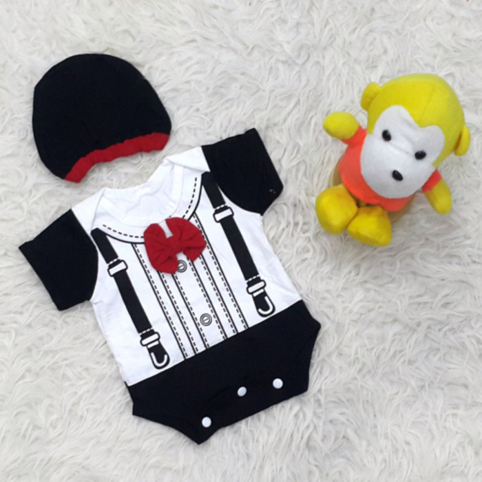 Baju Jumper Suspender Dasi Bayi Laki-Laki Set Topi Lucu