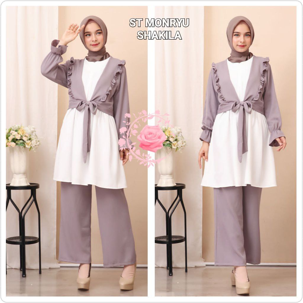 SETELAN MONRYU 2ukuran/ SET FASHION WANITA TERLARIS / MODEL CARDIGAN JUMPSUIT / BAHAN SHAKILA