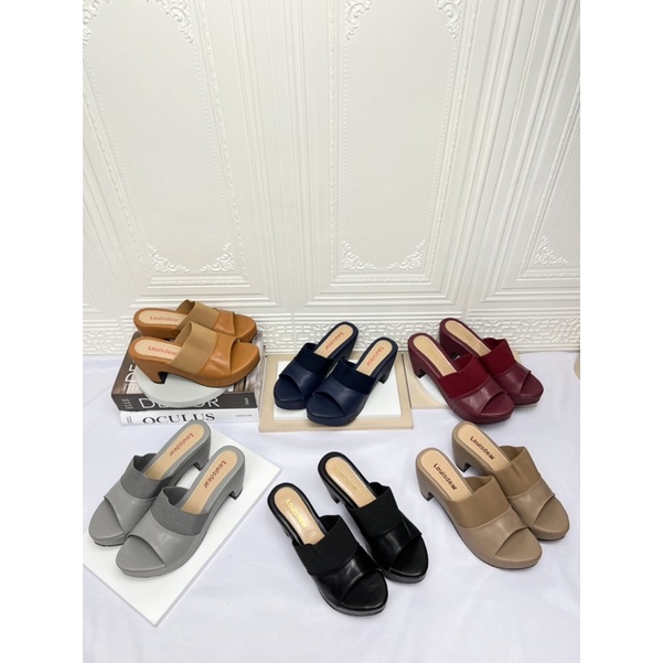 sepatu heel wanita terbaru kekinian pesta LOUISDEAR wedges sendal heel 7 cm bahan dove W33