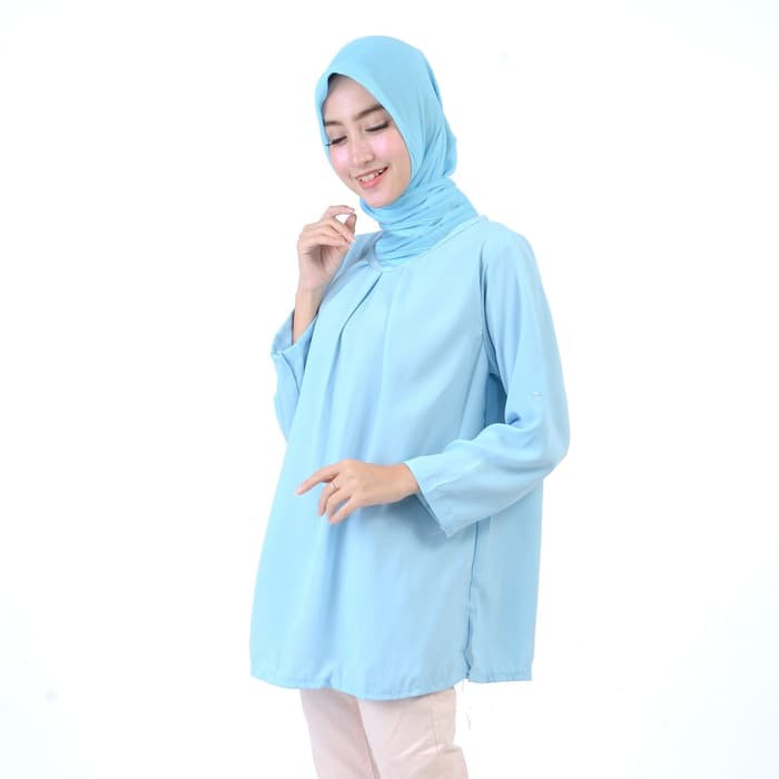 Baju Wanita BM  [Blouse Naomi Biru Muda SW] blouse wanita wolly crepe biru muda BL Baju Grosir SS
