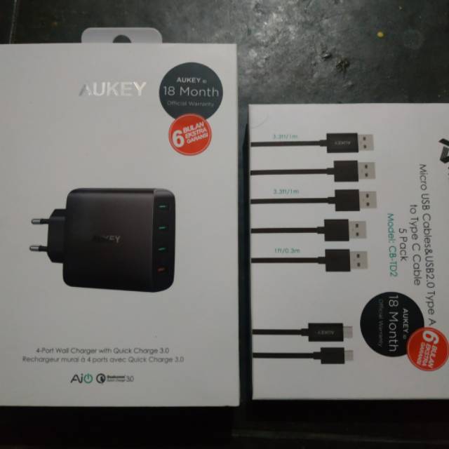 Aukey 4-port wall charger 3.0 with micro usb cable 2.0 5 pack baru