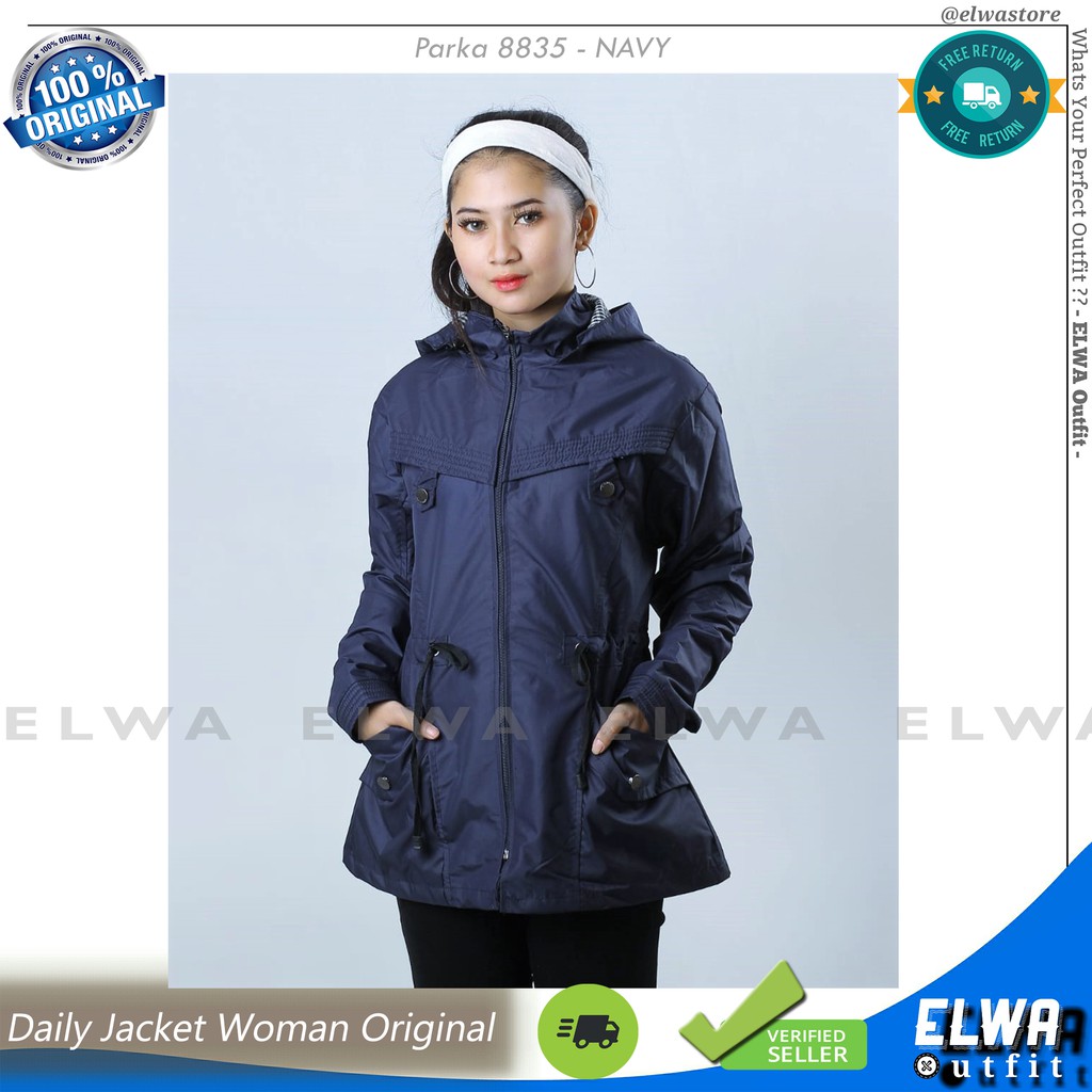 PARKA 8835 NAVY Jaket Parka Long Hoodie Wanita Jaket Harian Cewek Bahan Taslan Parasut
