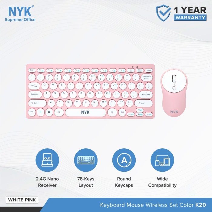 Keyboard Mouse Wireless Mini Combo Colors NYK Supreme K20 Pink White