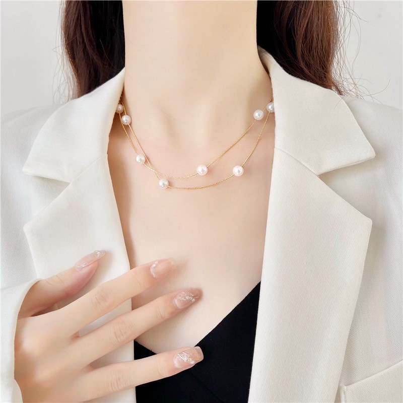 Kalung Rantai Wanita Model Lapis Ganda Aksen Mutiara Untuk Musim Panas