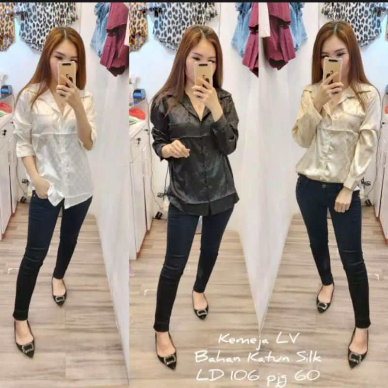 READY LV SATIN // KEMEJA WANITA ATASAN IMPORT LENGAN PANJANG OVERSIZE XL FASHION
