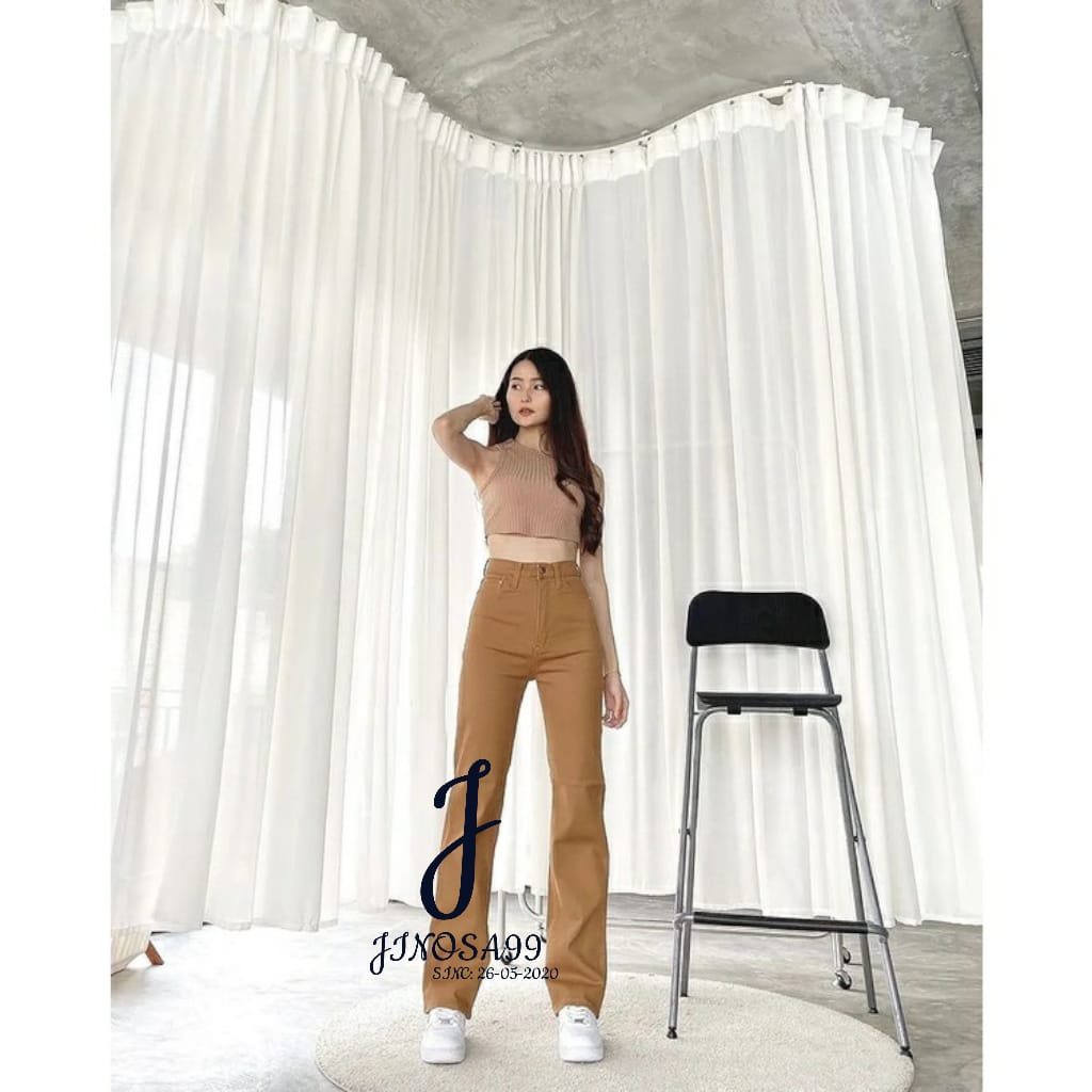 High Waist Kulot Jeans Wanita Loose Mocca