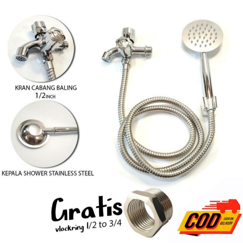 Shower Kamar Mandi Satu Set Stainless + Kran Cabang Drat 1/2 Inch Bonus Vlok Ring Sambungan