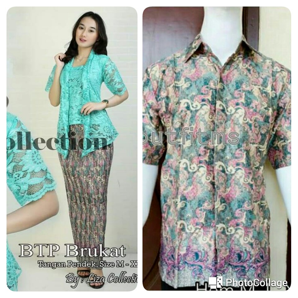 couple kebaya kutubaru lengan pendek BTP rok panjang dan kemeja lengan pendek batik