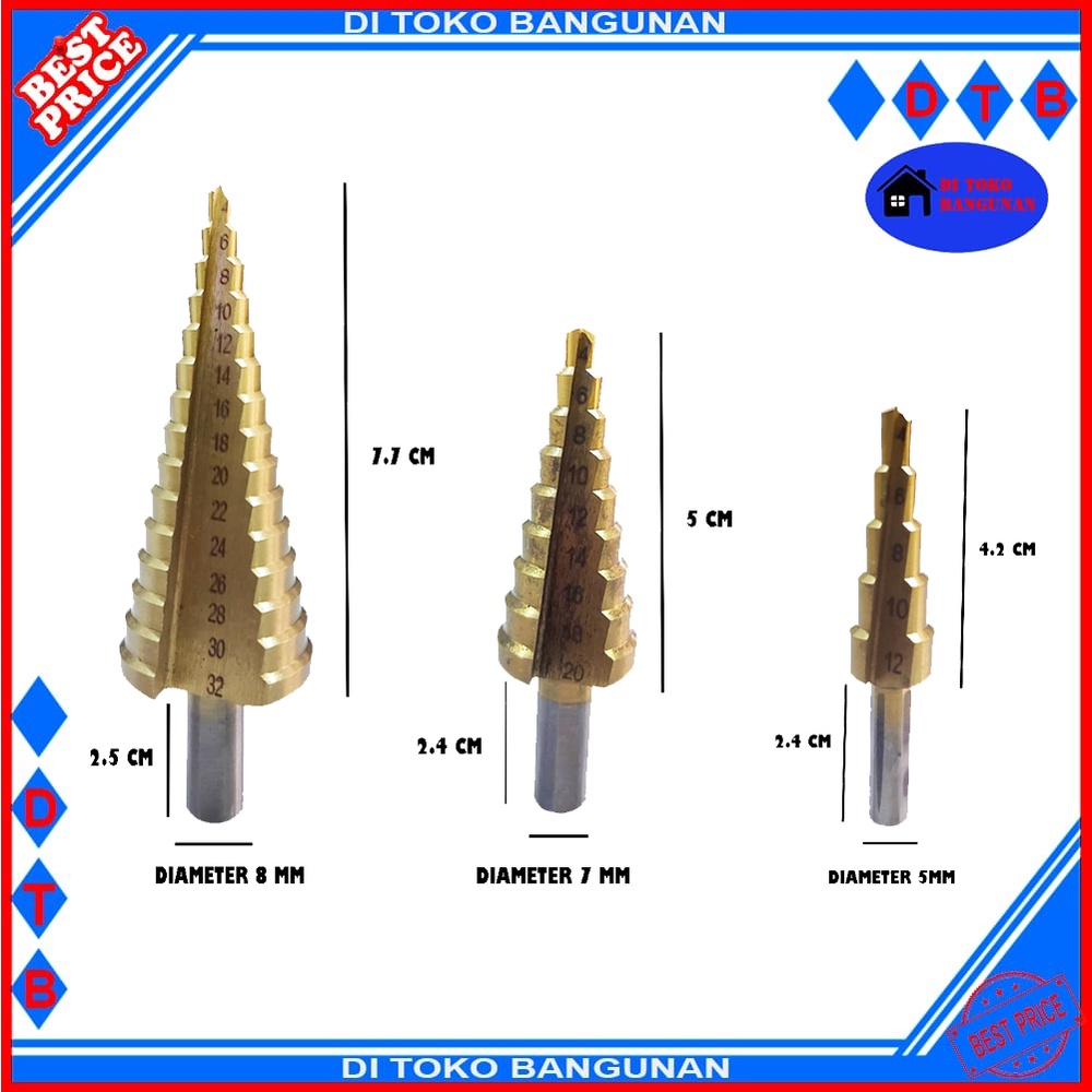 Mata Bor Besi Kuningan Pagoda Set 3 Pcs Kayu Plastik Step Drill