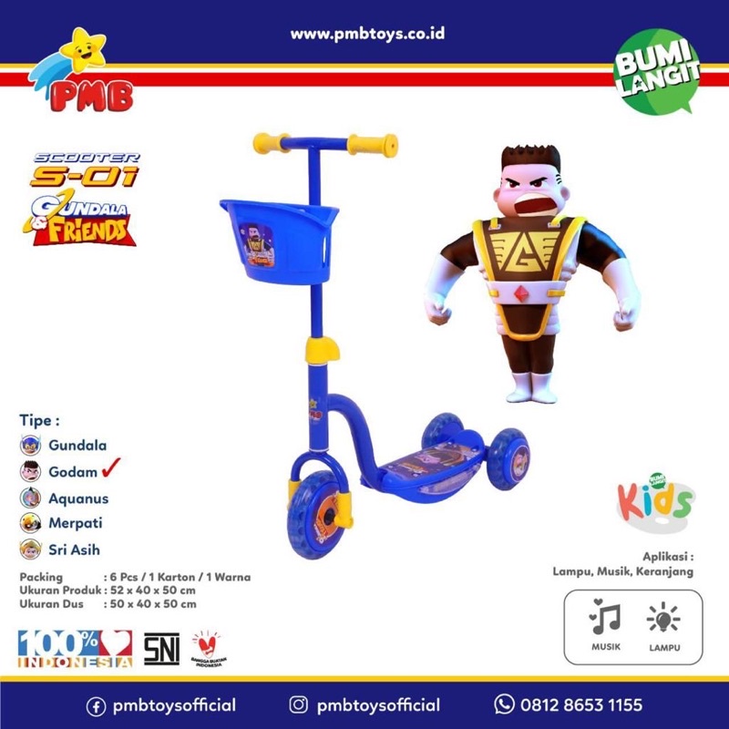 Skuter Anak PMB S-01 MUSIK LAMPU/ Scooter Anak Tiga Roda PMB S01 Gundala &amp; friends