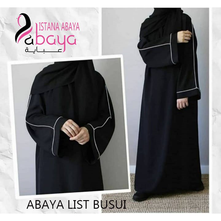 Promo abaya turki kekinian gamis list putih elegan cantiik. bahan jet black lembut