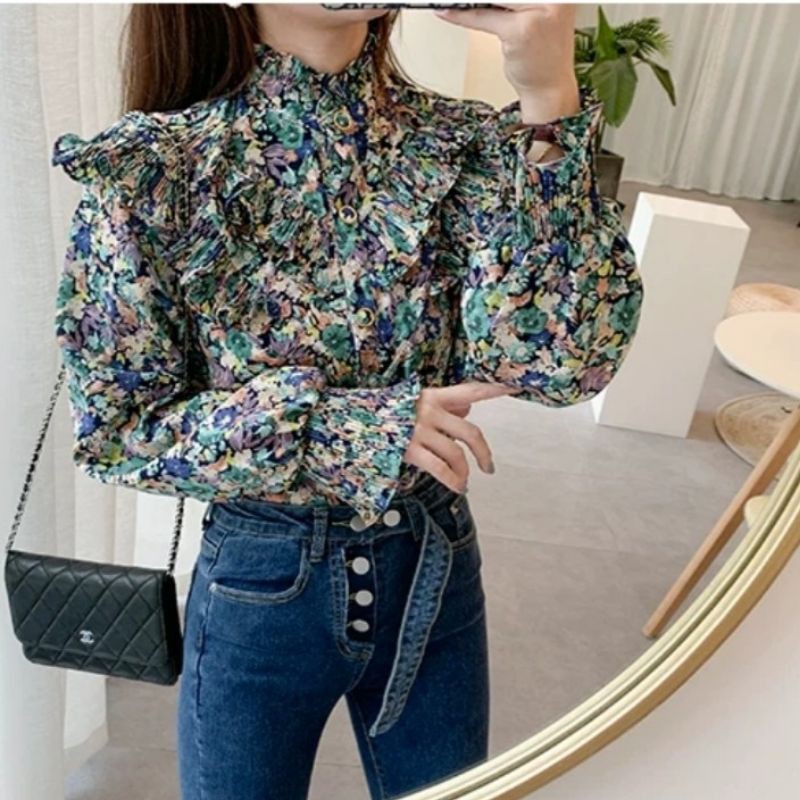 2868 Atasan Modis leher tinggi Baju kerja/kantor Baju wanita lengan Balon bunga fashion wanita baru