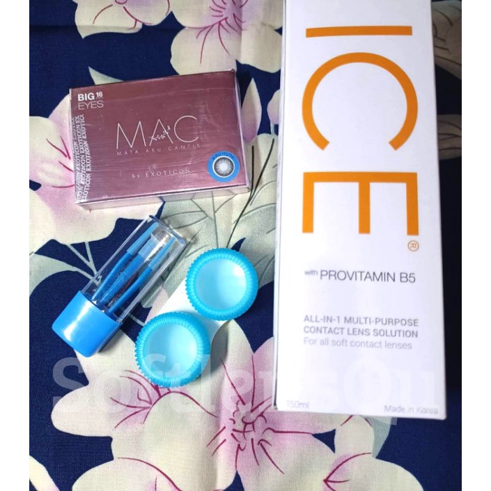 Paket Softlens X2 MAC Normal Big Eyes Dia 16mm + Air Softlens Ice 150ml + Lenscase + Pinset