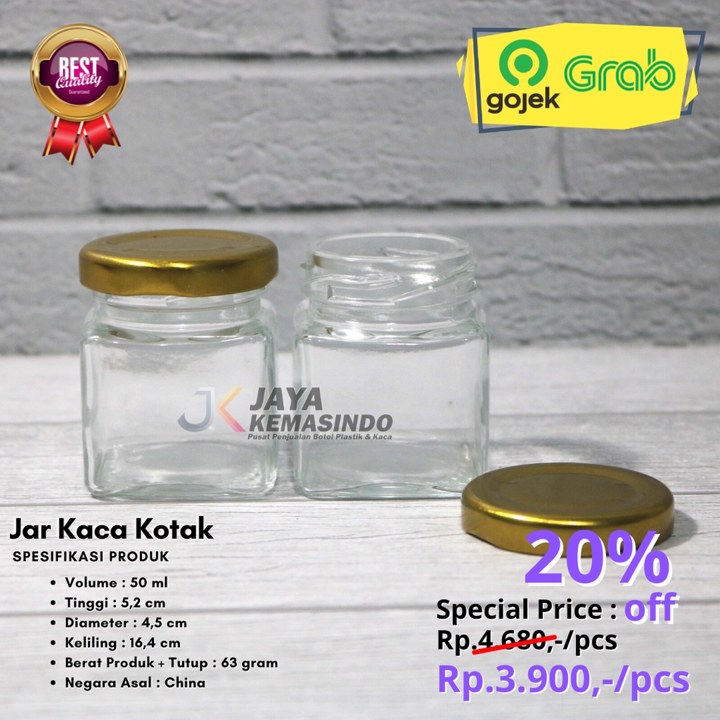Jar kaca 50ml kotak tutup kaleng gold (New) per 10pcs