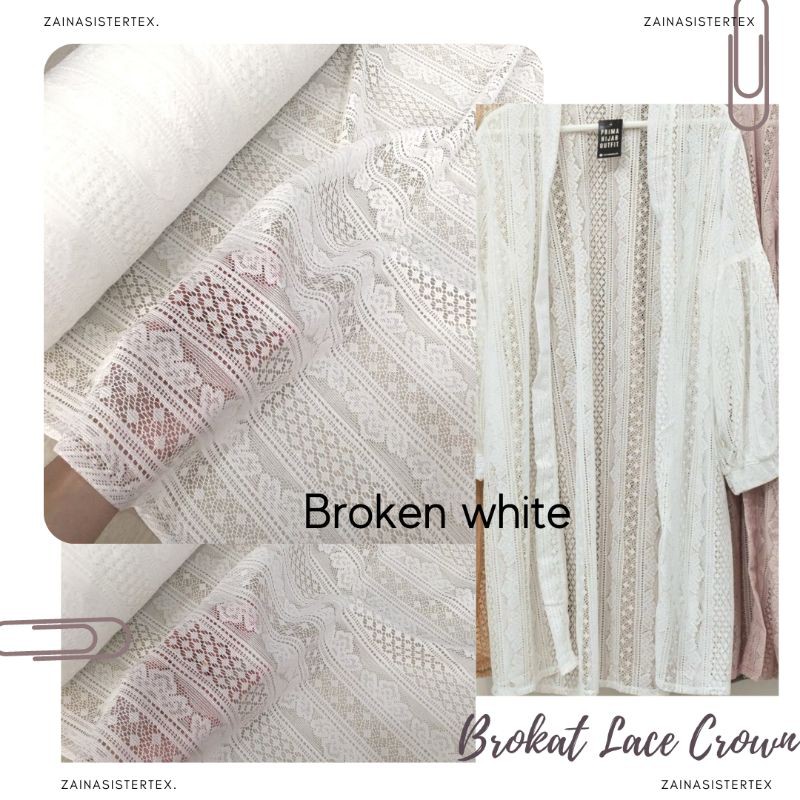 Kain Brokat Lace Salur Crown Meteran Mewah Premium Warna Putih Tulang Broken White