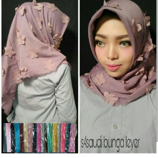 Jilbab segi empat motif timbul bunga layer