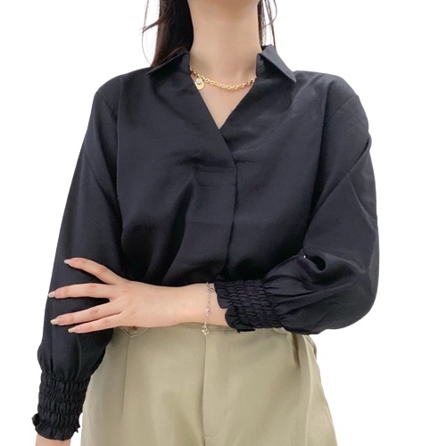 ZASKIYA - KARA V-Neck Blouse with Collar / Atasan Wanita Kantor Casual Lengan Karet