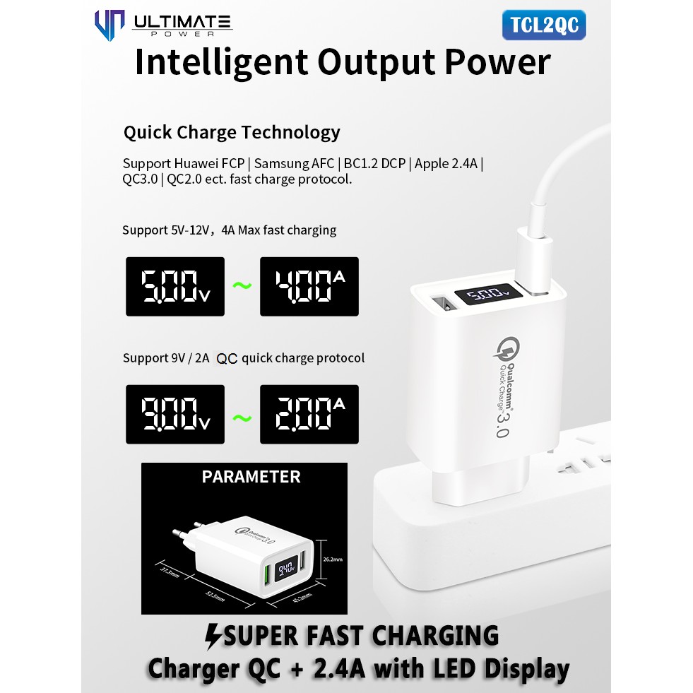 Batok Super Fast Charging 30W Charger QC + 2.4A with LED Display Ultimate Power  Original