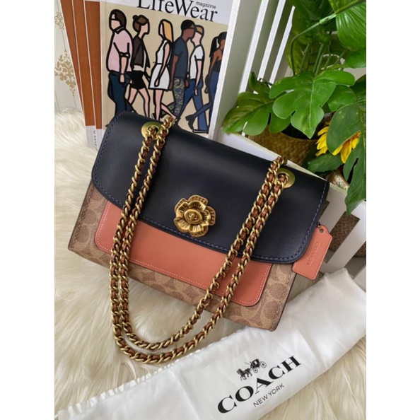 Tas Coach 69586 Parker In Colorblock Signature Canvas Tan Ink Light Peach New Original