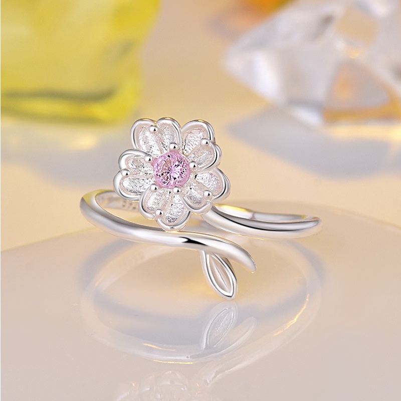 Cincin 925 Silver Desain Bunga Pandora Ruby Cubic Zirconia Diamond Ukuran Adjustable Untuk Pernikahan