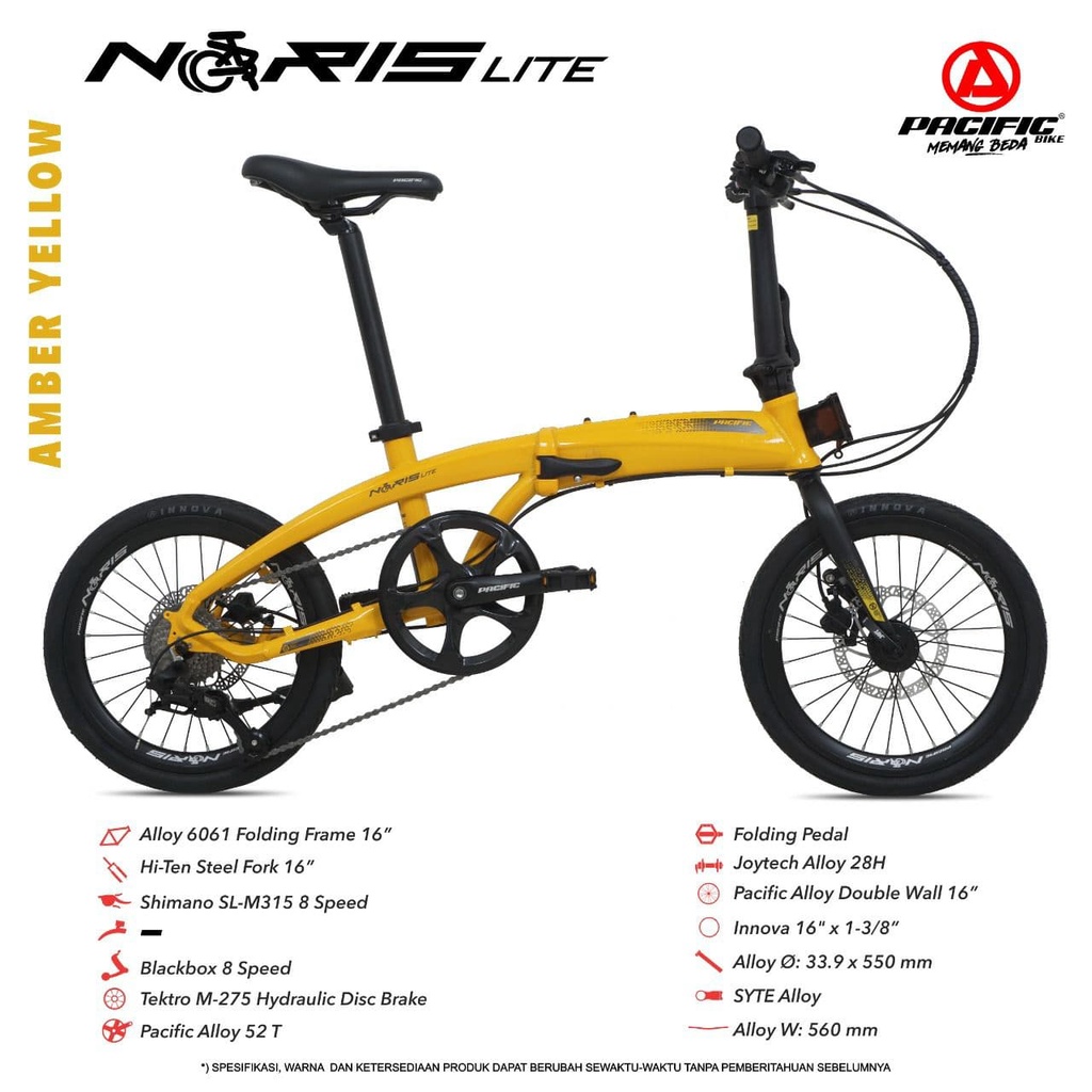 Sepeda Lipat Pacific Noris Lite 1x8-HD 16 Inch x 1 3/8 Inch Alloy 6061 1 x 8 Speed HD DB Folding Bik