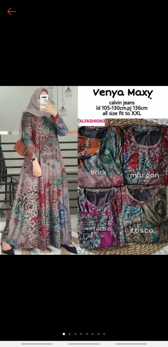 Venya Maxy Gamis Motif Batik Bahan Calvin Jeans Melar Adem Allsize Ld 105 Panjang 136-140 No Busui