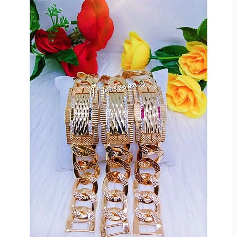 Gelang Xuping Lapis Emas 24K Rantai Plat Permata Mewah .