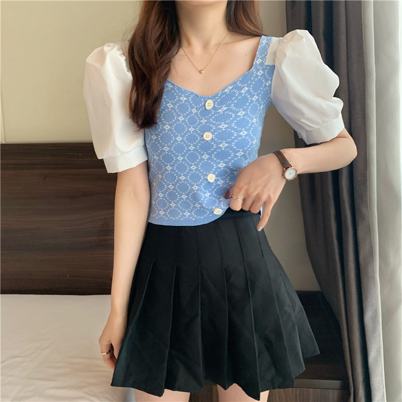 Blus Crop Top Rajut Slim Square Neck Lengan Puff Panjang Untuk Wanita