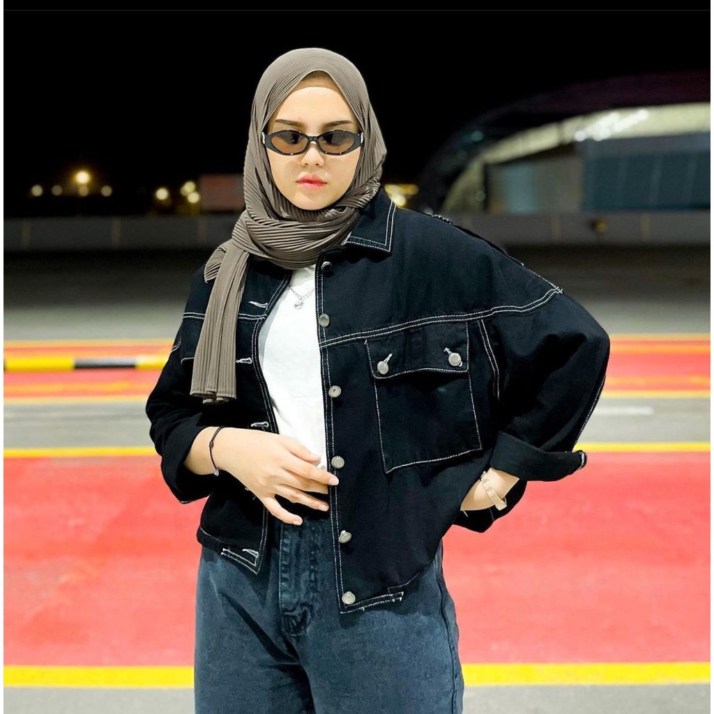 JAKET JEANS ALMA SANDWASH JUMBO LD 100-146 BAHAN DENIM JAKET WANITA CROPTY BIGSIZE-ALMA HIT POLOS LD120