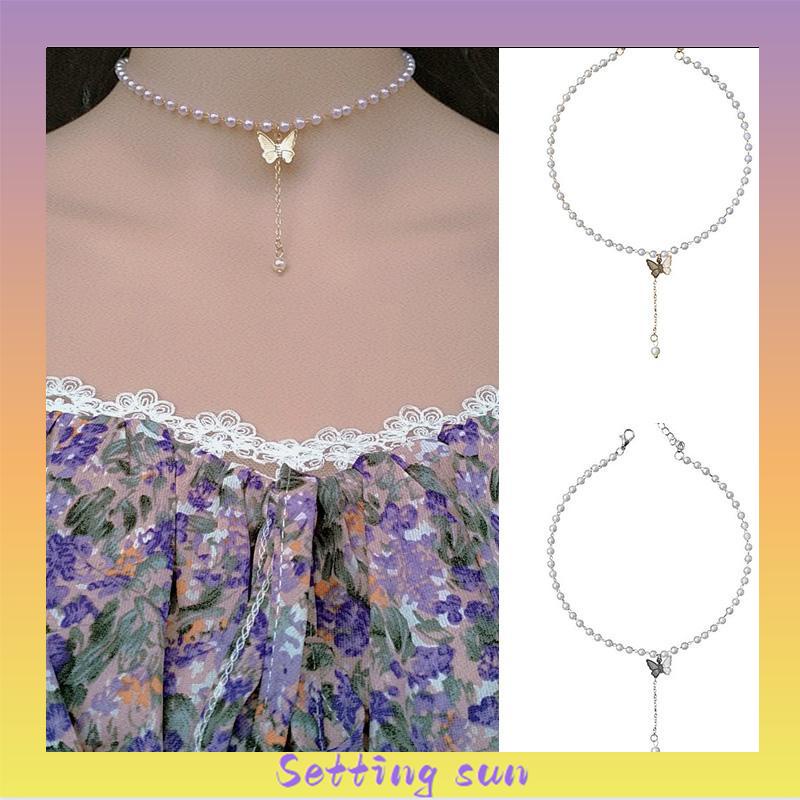 Retro Butterfly Pearl Kalung Lembut Gadis Kecil Cinta Liontin Kalung Rantai Klavikula TN