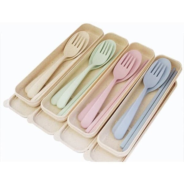 Alat Makan Set Sendok Garpu Sumpit Portable Set Bahan Alami Jerami Gandum Warna Warni