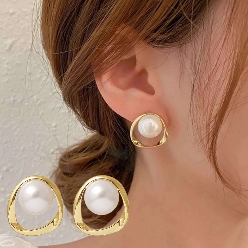 Anting Stud Desain Geometri Aksen Mutiara Gaya Korea Untuk Wanita