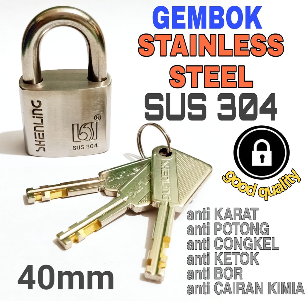 GEMBOK SHENLING GEMBOK STAINLESS SUS 304 ASLI STAINLESS ANTI CONGKEL DLL