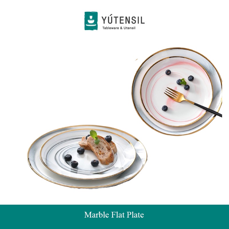 Yutensil Piring Makan Keramik Cantik Motif Marmer Marbel / Western Marble Gold Rim Plate Bowl