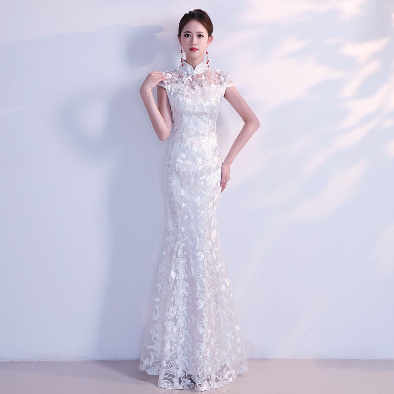 White Cheongsam Long Qipao Dresses Chinese Traditional Wedding Dress China Oriental