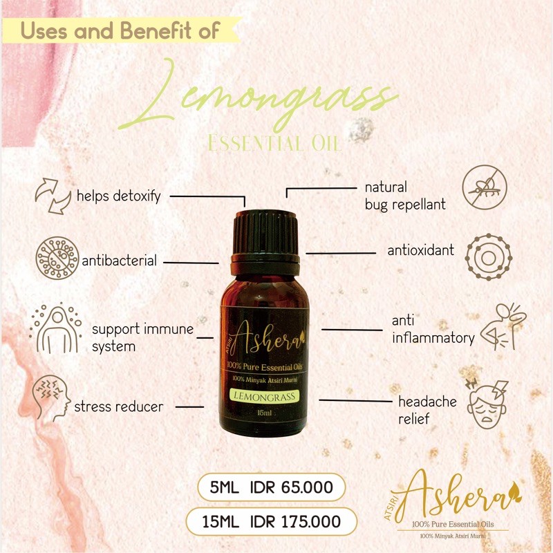 ATSIRI ASHERA LEMONGRASS / 100% PURE ESSENTIAL OILS / 100% MINYAK ESSENTIAL MURNI / AROMATHERAPY OIL