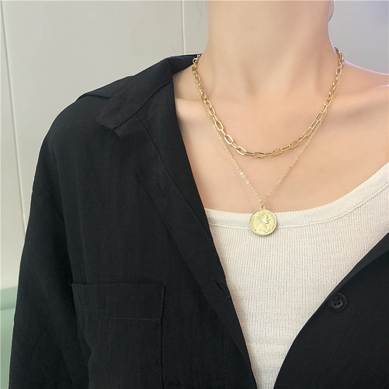 Ins Retro Long Chain Necklace Portrait Hip Hop Gold Multi-layered Coin Necklace Personality Double Layer