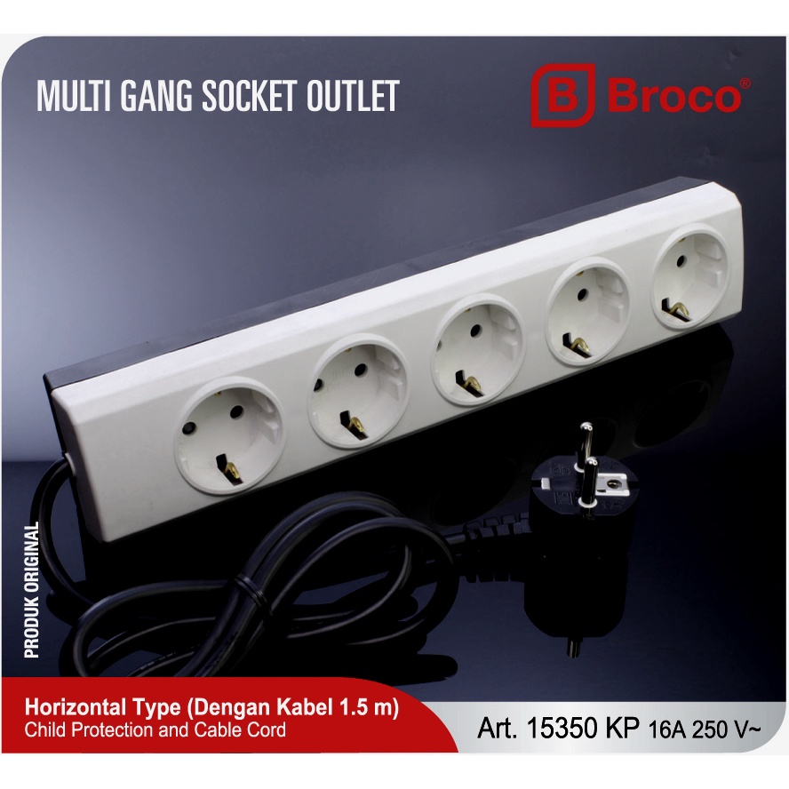 BROCO 15350 KP - Stop Kontak 5 Lubang 16A Arde , Kabel 1.5 meter &amp; CP